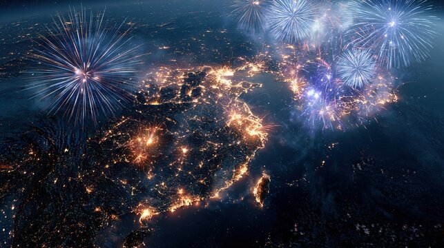 Breathtaking view of planet earth from space with glowing city lights and exploding fireworks.