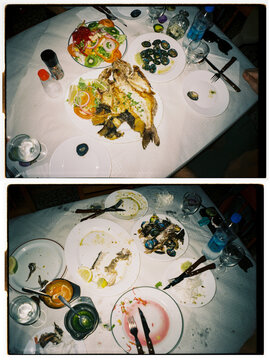 Diptych before and after seafood meal at restaurant