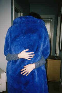 Woman Hug girl family Portrait Blue Fur Coat UGC 