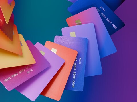 Credit Cards Swirl in a Colorful Pattern Against a Gradient Background