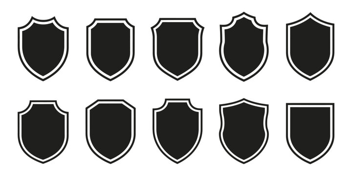 Shield and badge shape collection showing security symbols, football patch outlines, and military black silhouettes for logos, emblems, and identity design.