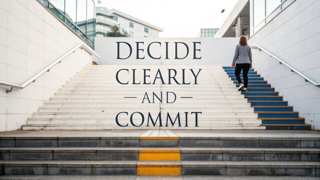 Steps with Inspirational Message "Decide Clearly and Commit" Symbolizing Growth, Decision-Making, and Personal Development in Urban Environment