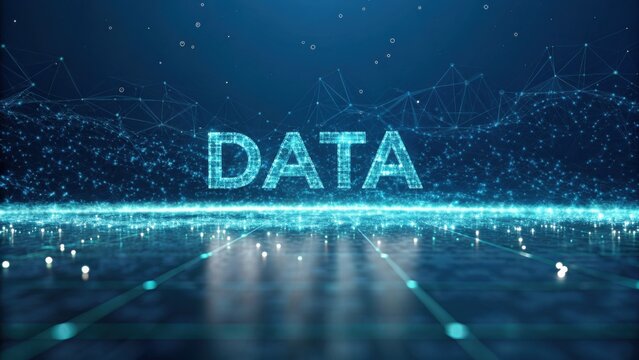 Vibrant data visualization with glowing letters and digital connections in a futuristic technology background for concepts of information and analytics