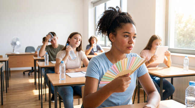 &Eacute;tudiants Dans Une Salle De Classe Trop Chaude Sans Climatisation