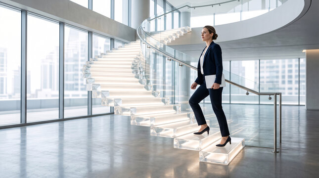 Professionnelle Montant Un Escalier Courbe Dans Un Atrium Moderne