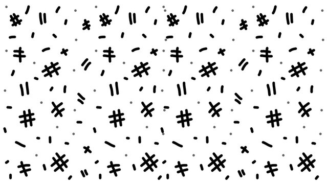 Minimalist white background pattern featuring hand-drawn black hashtags, lines, and dots. Playful doodle vector design ideal for social media themes.