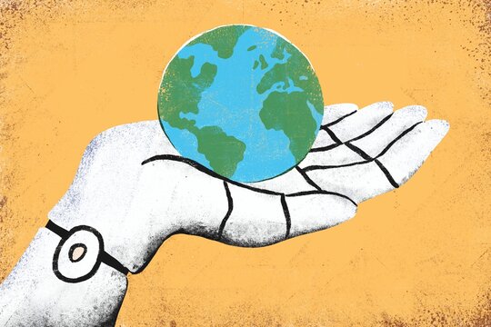 AI robotic hand holding Earth