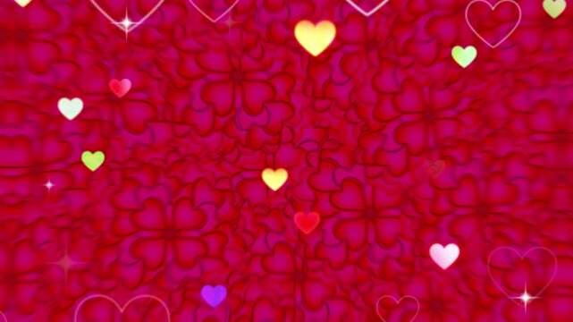 Multiple glowing colorful hearts float gently on a vivid red patterned background creating a playful romantic and cheerful atmosphere filled with warmth and light
