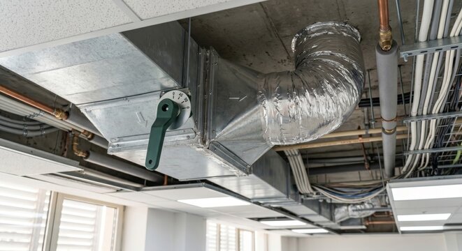 Industrial air conditioning damper handle in an office ceiling with exposed ductwork and pipes