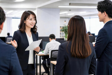 Fototapeta premium オフィスで同僚に資料を持って説明する女性ビジネスパーソン