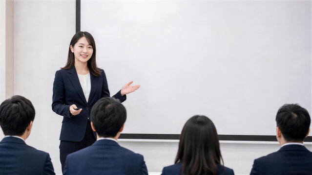 会議室で聴衆に向けてプレゼンする笑顔の女性講師