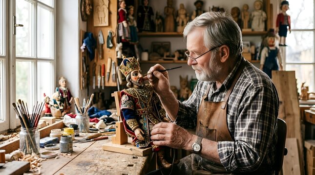 Senior craftsman painting puppet king in workshop, craftsmanship