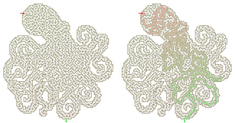 Maze design featuring an octopus silhouette with colored paths   © AImageZ