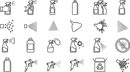 Fototapeta premium Aerosol spray bottles and industrial trigger guns line icons set containing disinfectant cleaning products liquid droplets vector illustration