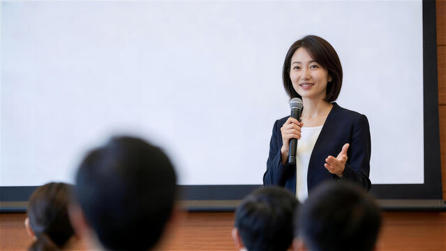 セミナー会場でマイクを持って説明する女性ビジネス講師