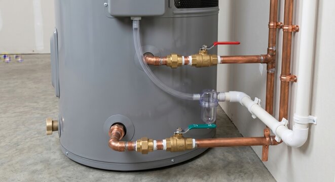 Water heater with copper pipes and shutoff valves in a basement or utility room setting