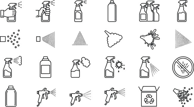 Aerosol spray bottles and industrial trigger guns line icons set containing disinfectant cleaning products liquid droplets vector illustration