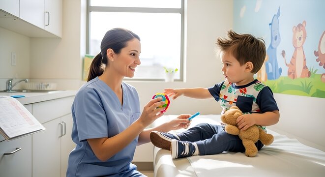 Pediatrician and Young Patient Playing in Clinic