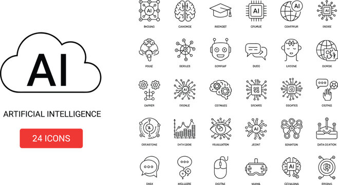Artificial intelligence technology line icons set containing neural networks deep machine learning algorithms data computing cybernetic robotics vector illustration