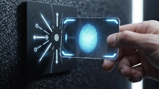Hand holds transparent card with blue fingerprint scan near access panel