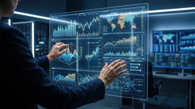 Financial trader interacting with futuristic holographic display showing stock market charts and global economic data in high tech control room environment