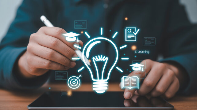 E learning concept with person using digital tablet and stylus for online education and ideas