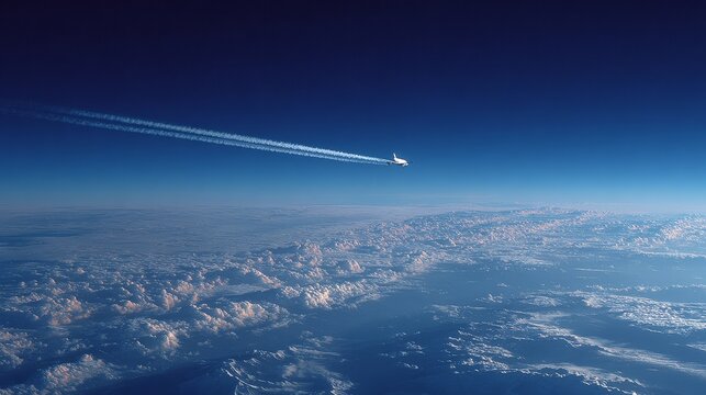 Airplane flying high in the troposphere near the stratosphere, distant view with clear sky, high altitude aviation concept, realistic perspective, minimal clouds