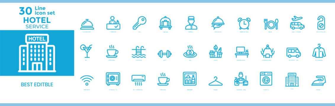  Bed icon set in solid, outline, and hand-drawn doodle styles.
By drawing lines ,Hotel service icon set silhouette 36 line icons for hospitality industry