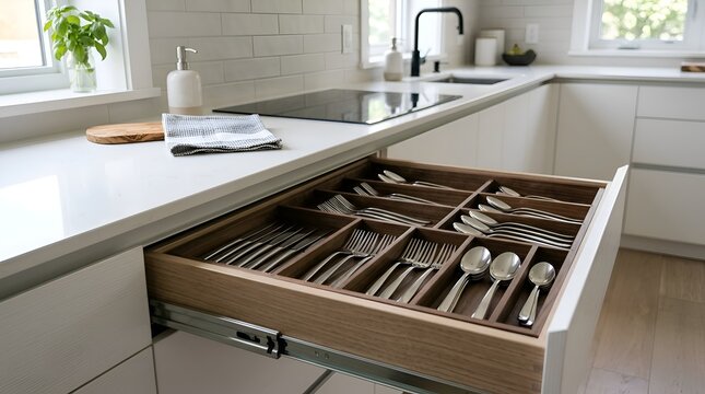 Modern kitchen cutlery drawer with silverware and countertop.
