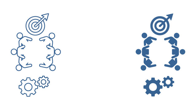 Team goal achievement and target marketing icon set showing professional group collaboration with target symbols and gear systems for effective project management and corporate success