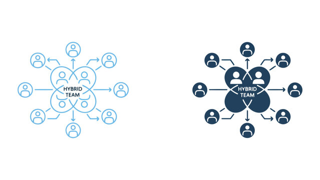 Hybrid team structure illustration showing interconnected remote and in-office employees collaborating in a distributed workforce model