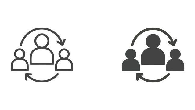 Dynamic team communication and feedback loop icon set showing people with circular arrows in a professional vector graphic style for business management and interpersonal interaction concepts