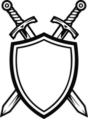 Obraz premium Classic medieval knight shield with crossed swords outline vector graphic
