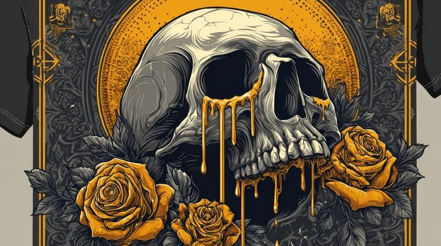 Black metal T-shirt design with hyper-realistic gothic skull and dripping gold roses, detailed shaded illustration in gray, white, and black tones