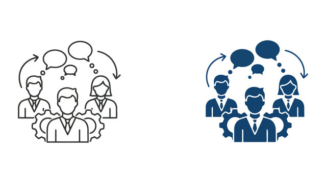 Professional team communication and collaborative brainstorming vector icon set with speech bubbles and gear symbols in outline and solid styles for business synergy and office productivity topics