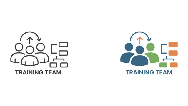 Training team and organizational hierarchy vector icon set showing group of employees with structural flow chart in outline and colored styles for corporate structure and human resources concepts