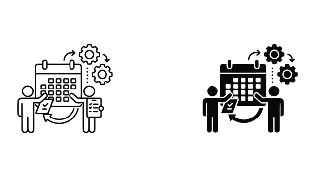 Project scheduling and timeline management with gear icons and calendar planning represented in a clean vector graphic style for professional business operations and corporate task tracking systems