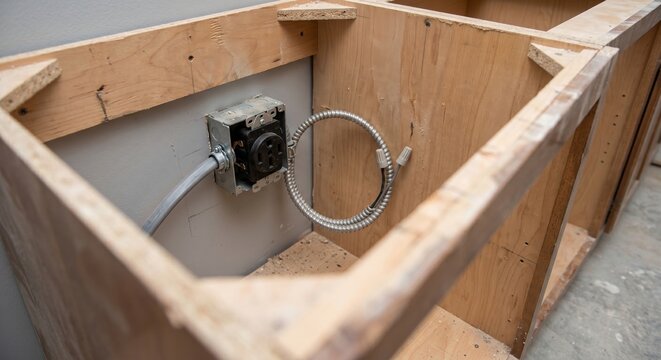 Electrical outlet installation in wooden frame with wiring and conduit