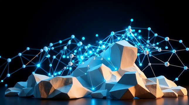 ​A sophisticated 3D visualization contrasting solid, angular stone-like geometric forms with an ethereal, glowing blue digital network
