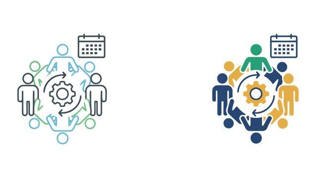 Team project management and calendar planning cycle icon set as vector illustration showing gear and timeline scheduling for efficient group workflow and corporate organization