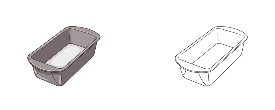 Metal loaf pan cartoons flat color and black line art styles kitchenware object for baking bread homemade cakes meatloaf and culinary recipes on white background