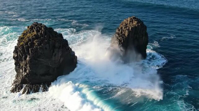 Waves crashing against hexagonal basalt rock formations in the ocean
