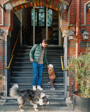 Father and Child Walk Down Steps With Dog in Amsterdam