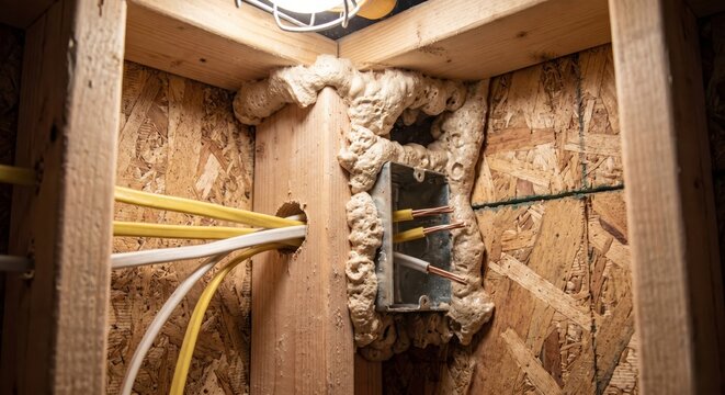 Expanding spray foam seal around electrical wires in wooden wall construction