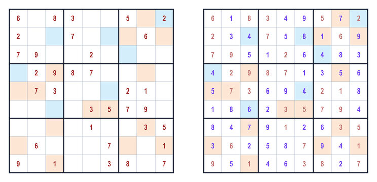 Sudoku puzzle with even and odd number highlights in grids  