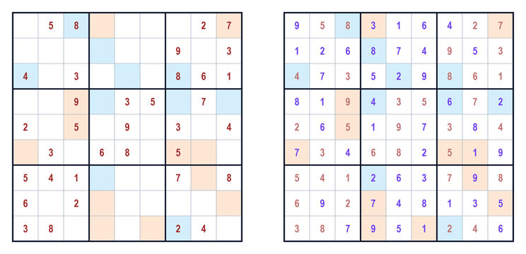 Sudoku puzzle grids showcasing completed and partially filled boards  