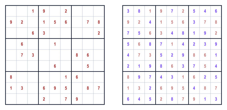 Sudoku puzzle grid with numbers filled in red and blue