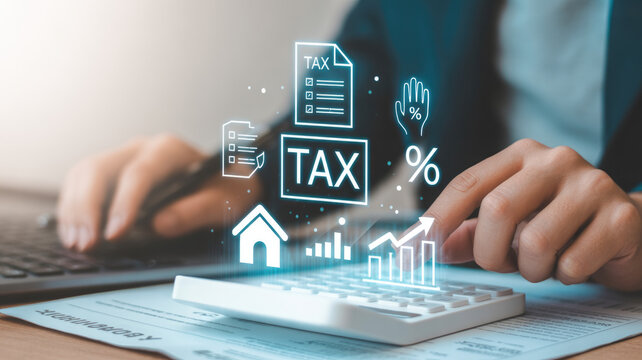 Person calculating taxes on a calculator with tax documents and digital icons