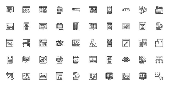 Web Design icon set. Minimal line vector icons pack. Featuring redesign, user, developer, browser, login, layout, responsive, coding and more. Editable vector stroke.