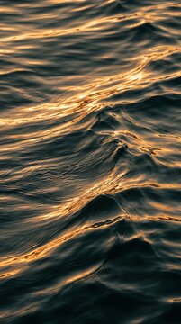high angle close up of the ripples of water of a sea at summer sunset. sunlight shines on the soft surface of ocean at hot weather.